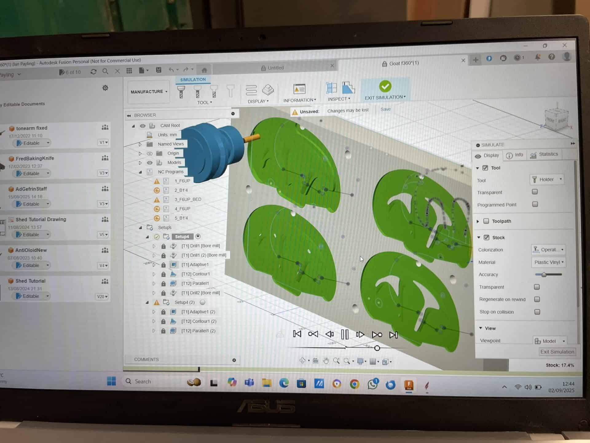 Graphic image of the Fusion 360 set up used to carve the Tacnabora Goats