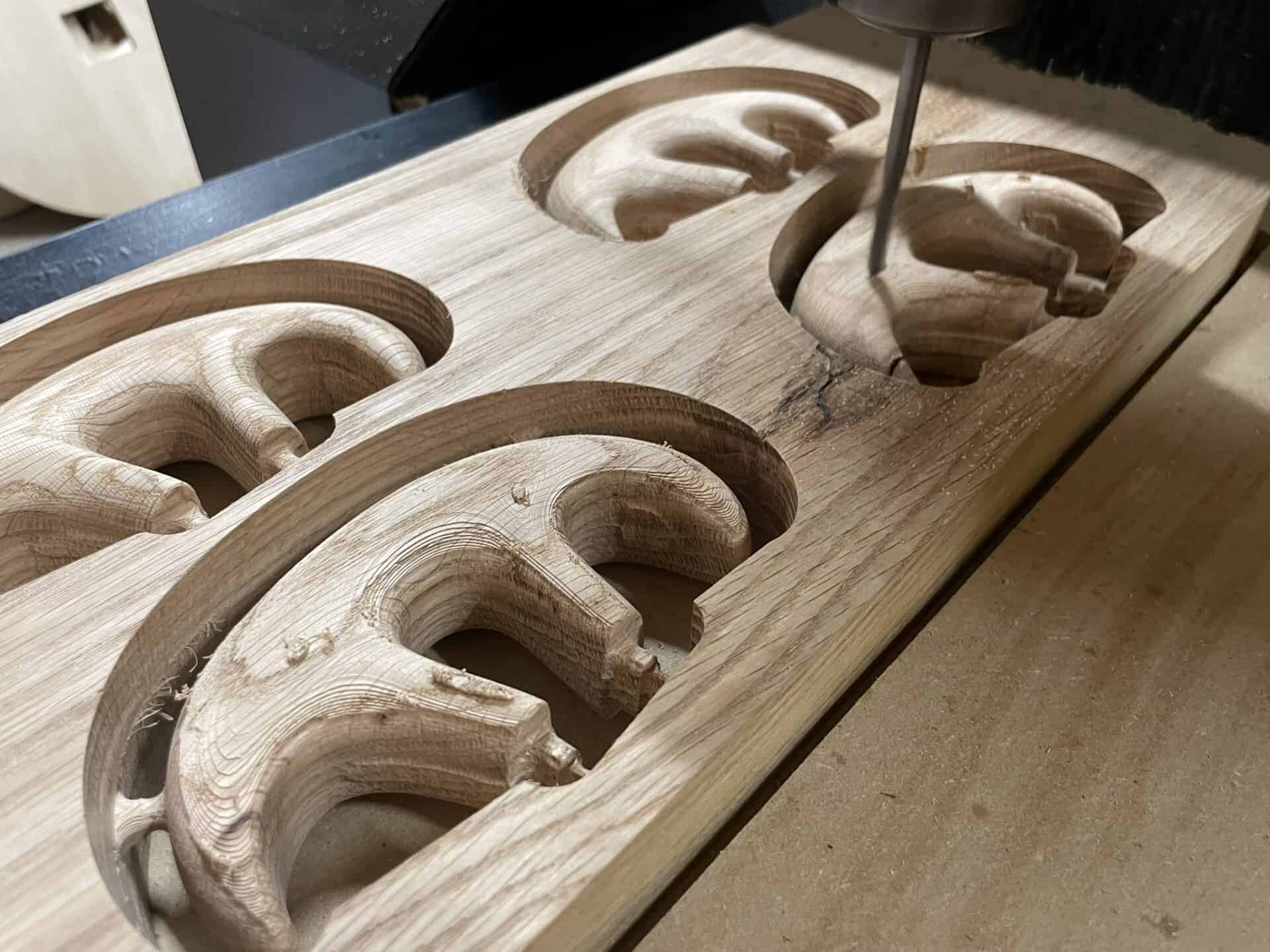Goats being carved out of an OAK blank these were used for the Tacnabora staff at the Whisky distillery in Wooler Northumberland